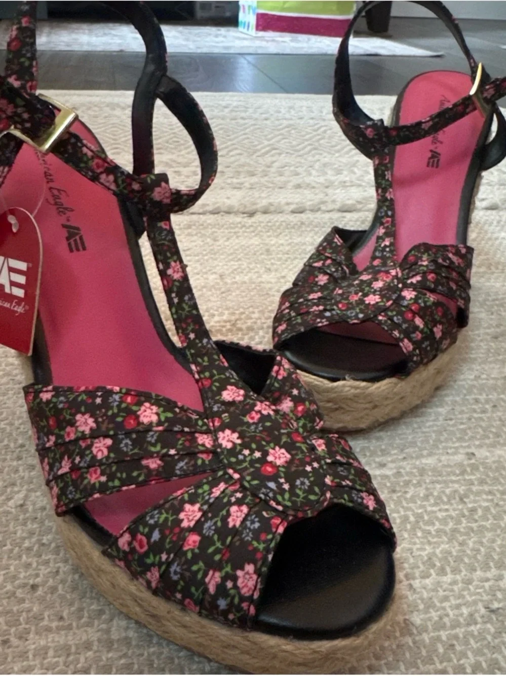 American Eagle Outfitters Black Floral Espadrille Wedge Sandals with Pink Insole